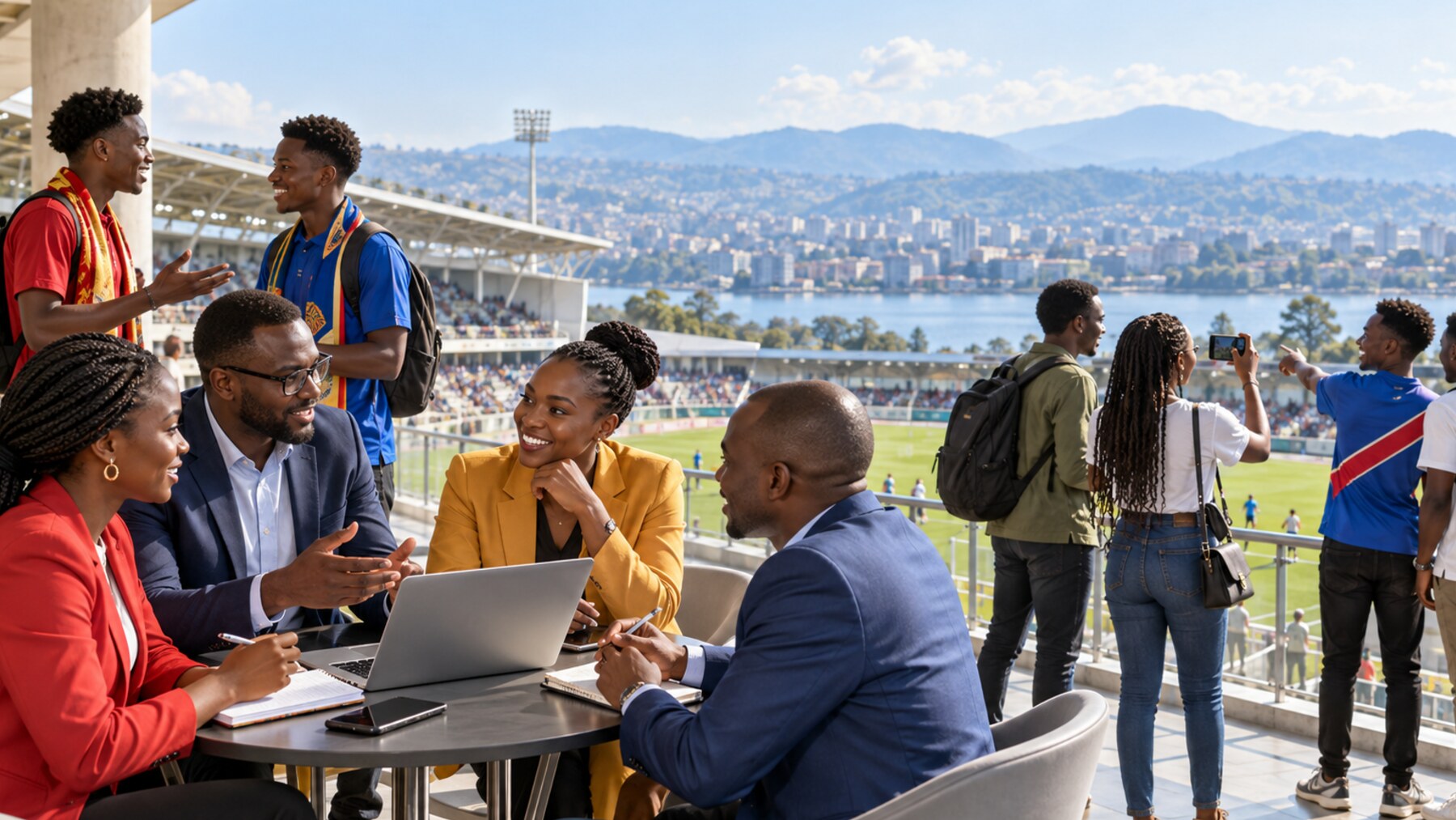 African football supporters and business professionals meet at a bright lakeside stadium